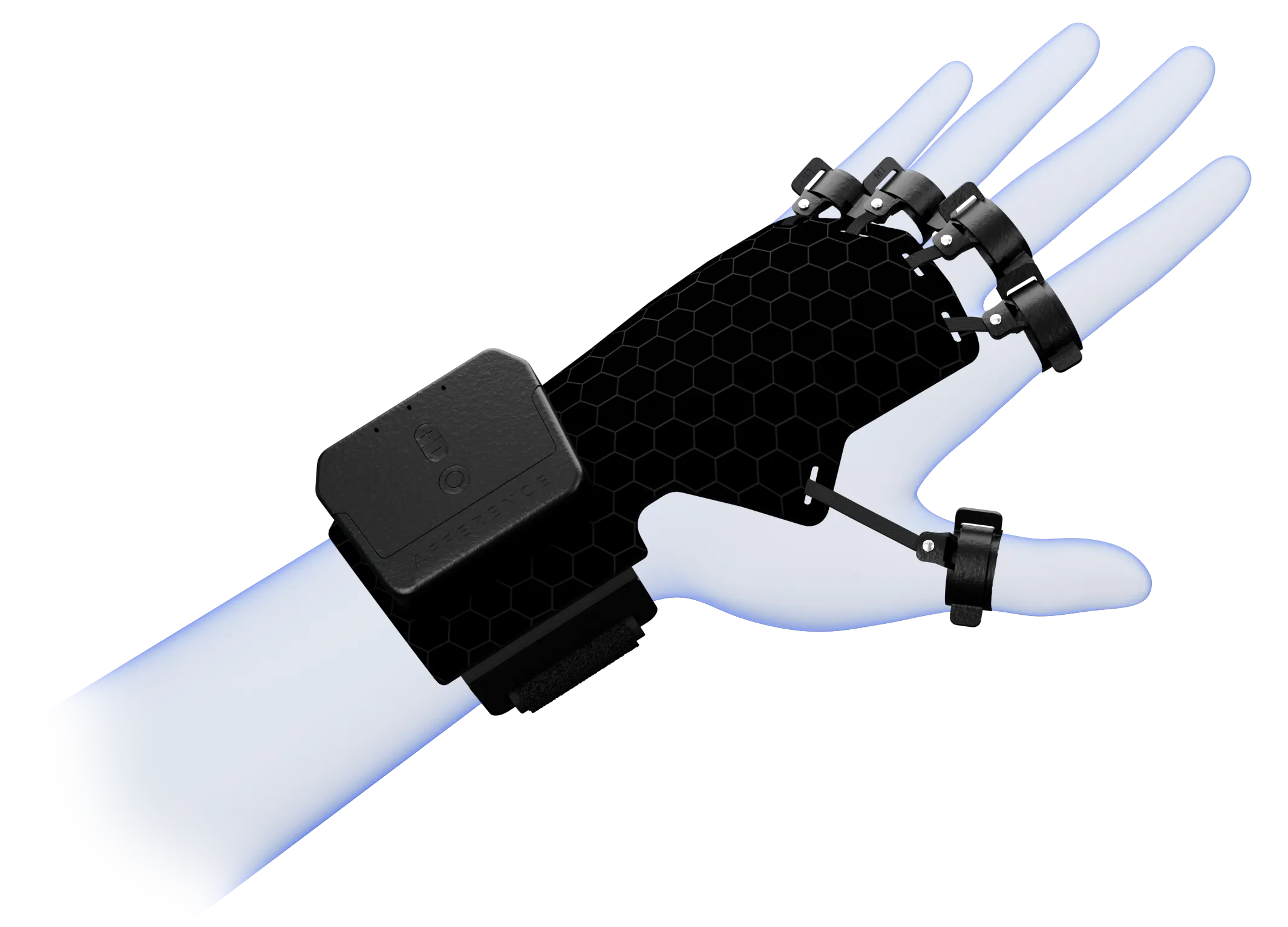 A hardware tech device that looks like a glove without the fingers and with rings for each finger